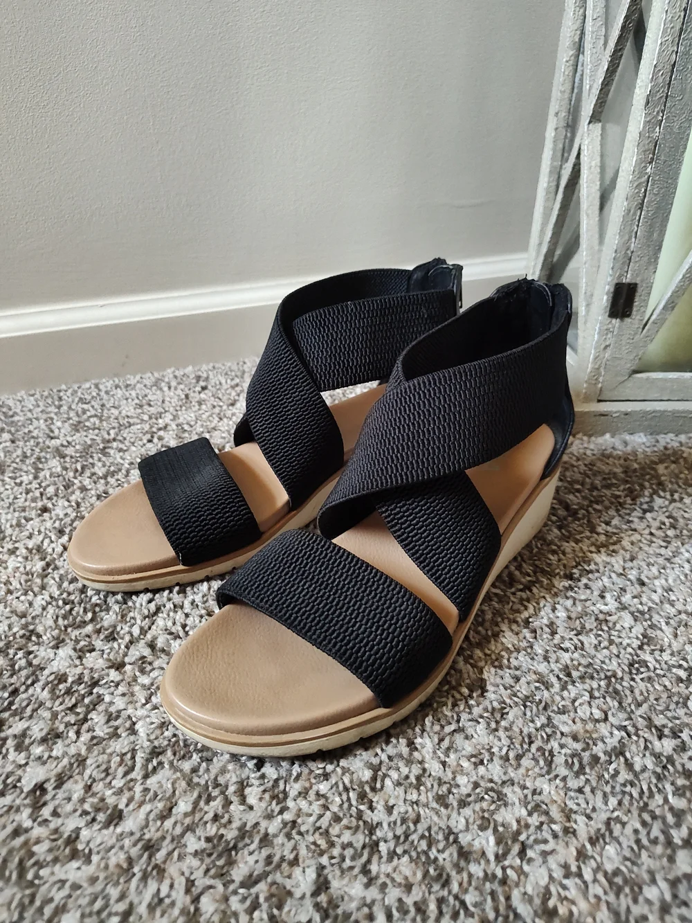 MIA Black Elastic Crisscross Wedge Sandals with Tan Footbed